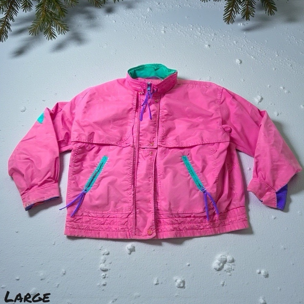 VTG Cabin Creek Powder Jacket Purple Teal Pink Retro 80s Womens LRG Nylon Skiing